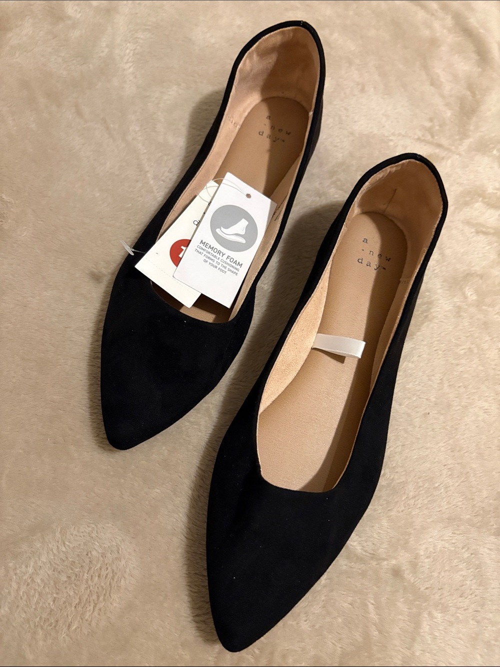 NWT a new day Black Pointed Suede-Look Memory Foam Flats in 10
